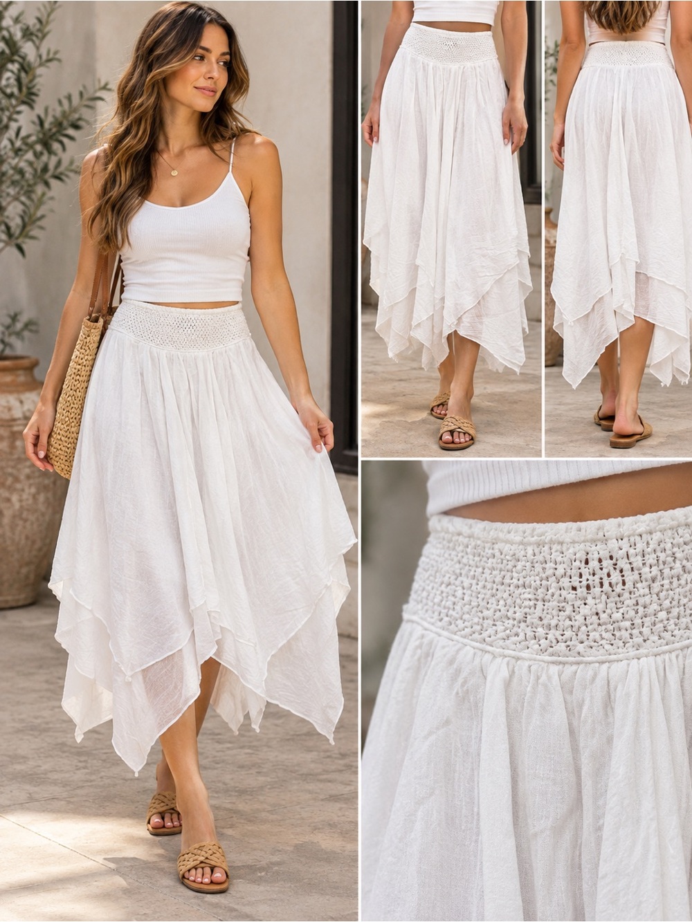 Blanc du Nil White Cotton Boho Maxi Skirt Layered Handkerchief Hem XL